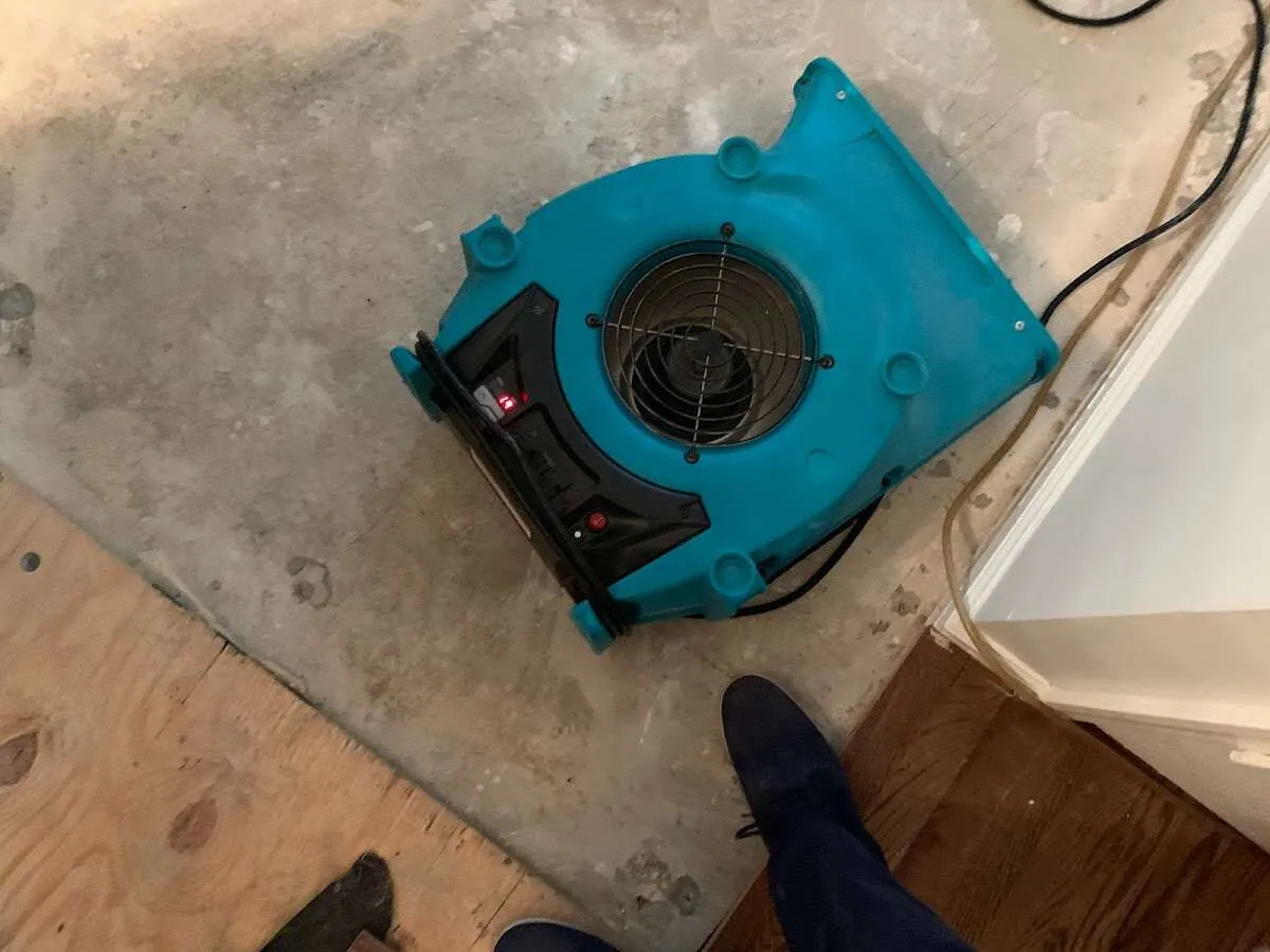 Air mover drying subfloor during Commercial Water Damage Restoration in Paragould